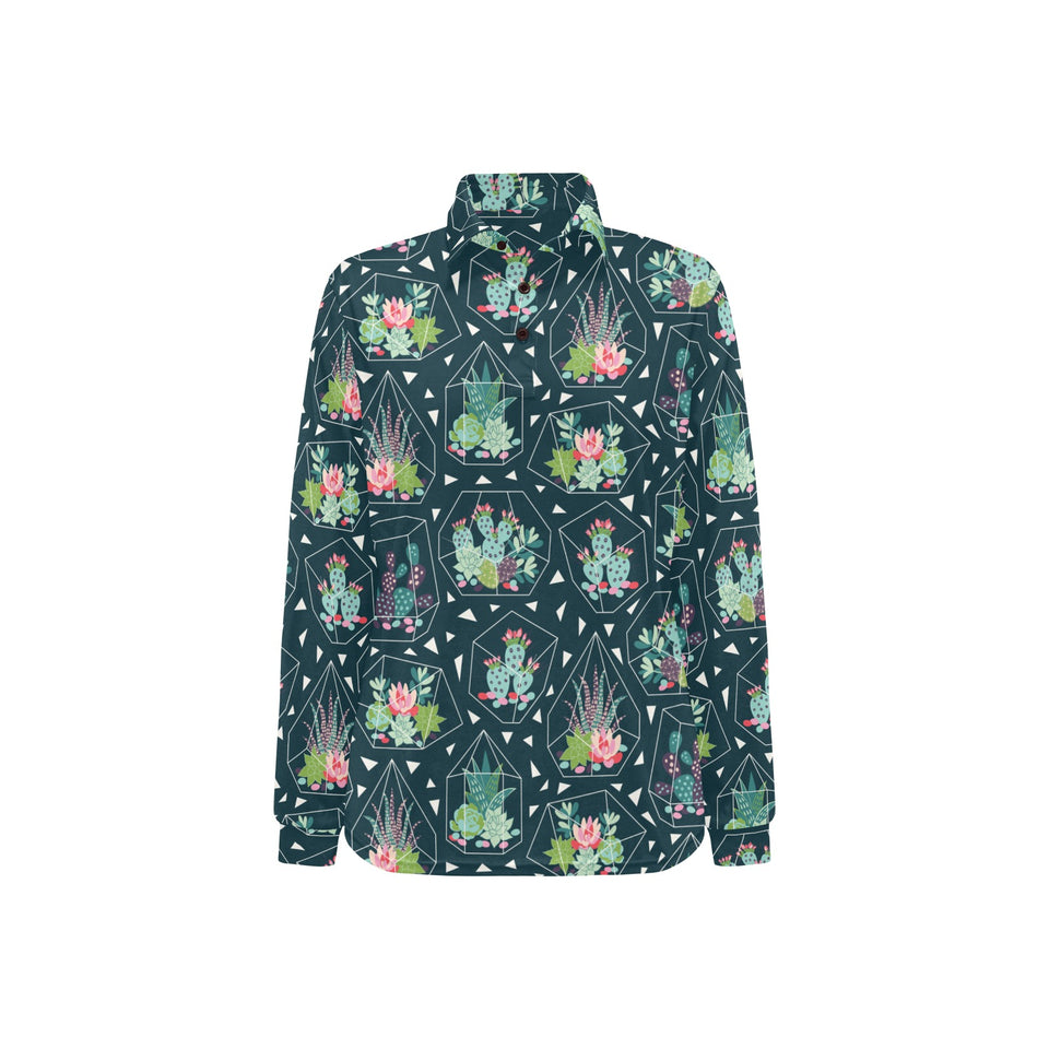 Cactus glass terrarium pattern Women's Long Sleeve Polo Shirt