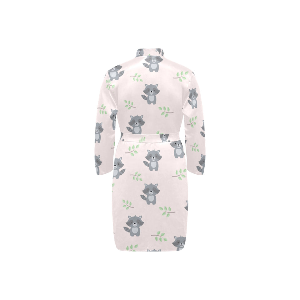 cute raccoons leaves pattern Men's Long Sleeve Belted Night Robe