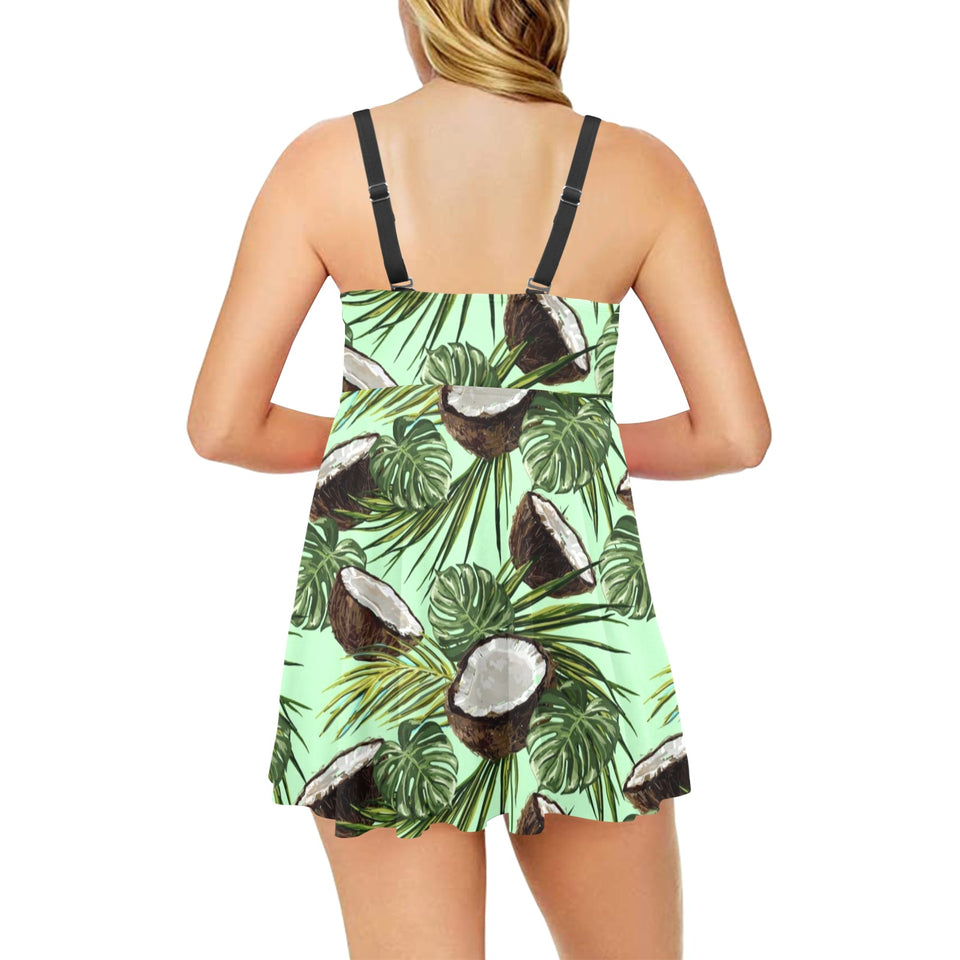 Coconut Pattern Print Design 02 Chest Sexy Pleated Two Piece Swim Dress