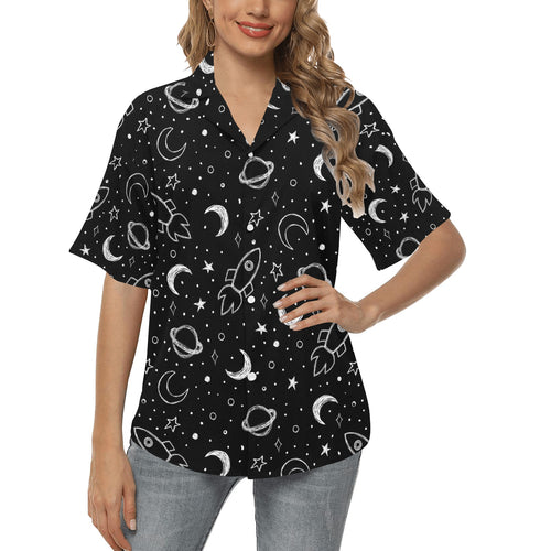Hand drawn space rocket star planet Women's All Over Print Hawaiian Shirt