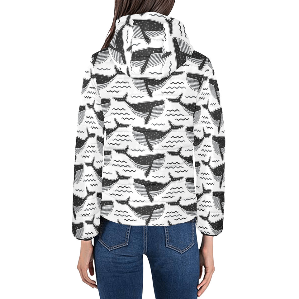Black whale pattern Women's Padded Hooded Jacket