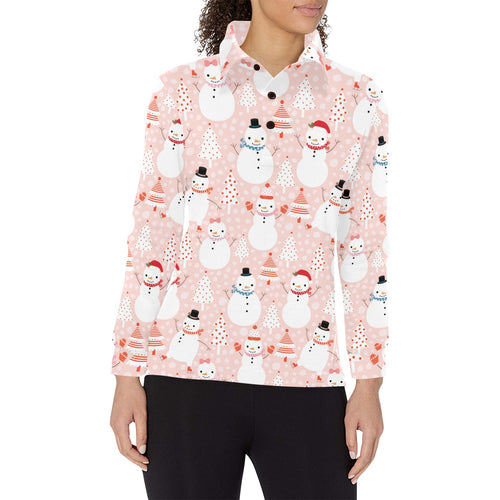 Cute snowman christmas tree snowpink background Women's Long Sleeve Polo Shirt