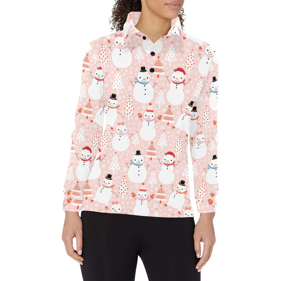 Cute snowman christmas tree snowpink background Women's Long Sleeve Polo Shirt