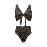 luxurious gold lotus waterlily black background Chest Bowknot High Waisted Bikini Swimsuit