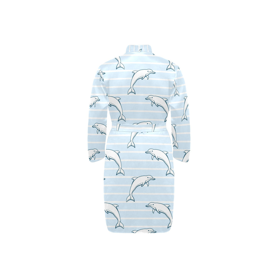 Dolphin blue striped background Men's Long Sleeve Belted Night Robe