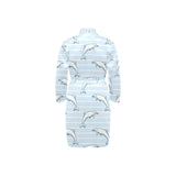 Dolphin blue striped background Men's Long Sleeve Belted Night Robe