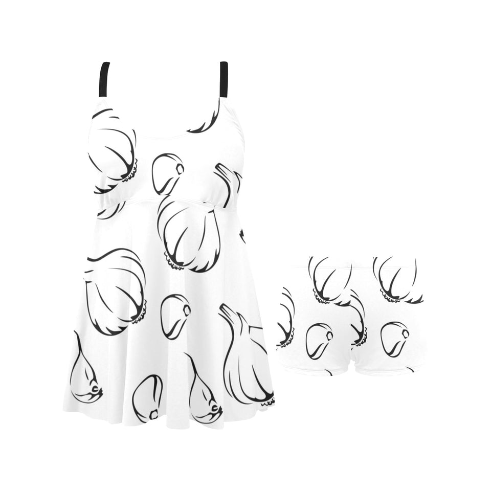 Garlic pattern black white Chest Sexy Pleated Two Piece Swim Dress