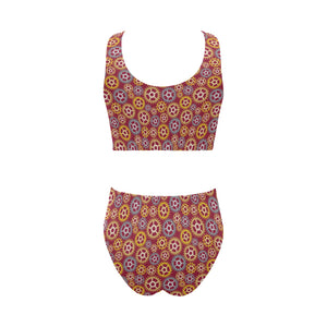 Gear Pattern Print Design 04 Chest Bowknot High Waisted Bikini Swimsuit