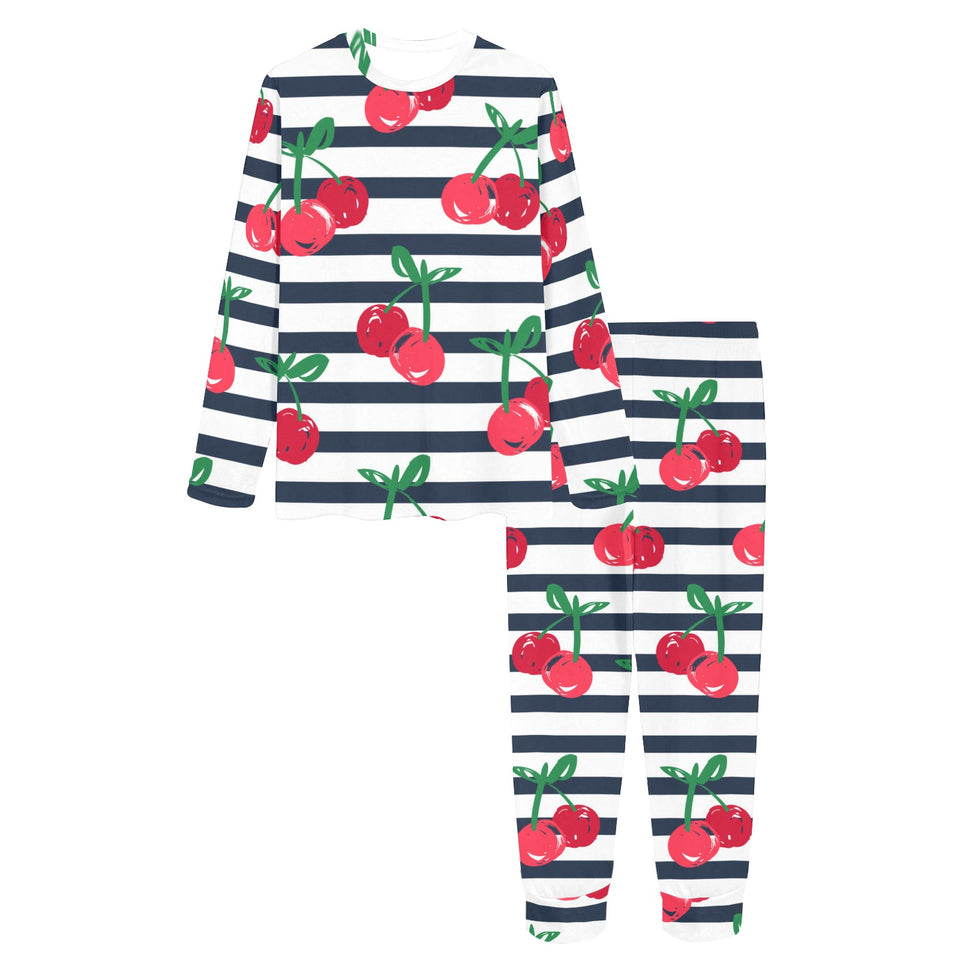 Hand drawn cherry pattern striped background Women's All Over Print Pajama Set