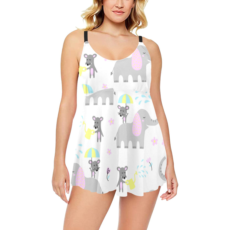 Cute elephant mouse pattern Chest Sexy Pleated Two Piece Swim Dress