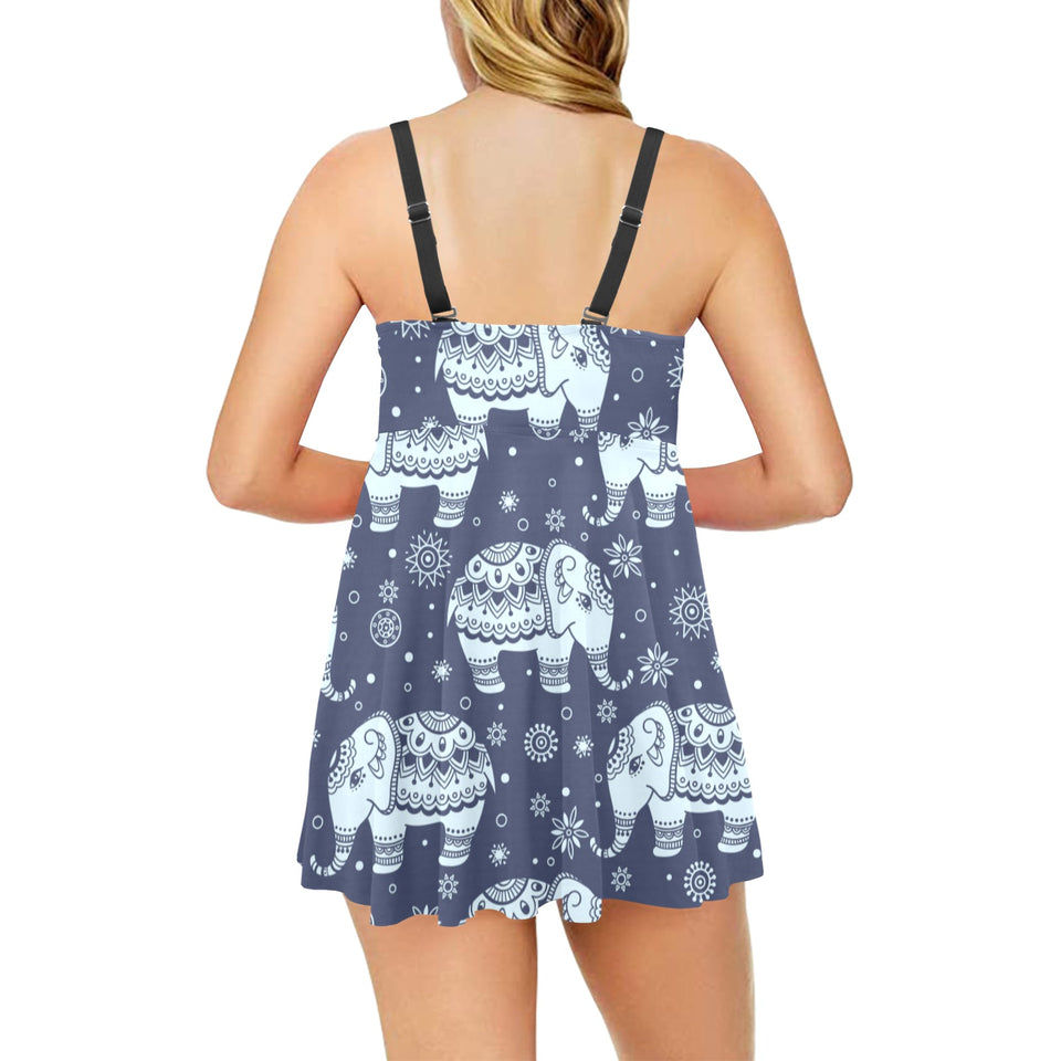Elephant tribal design pattern Chest Sexy Pleated Two Piece Swim Dress