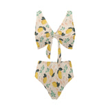 lemon flower leave pattern Chest Bowknot High Waisted Bikini Swimsuit