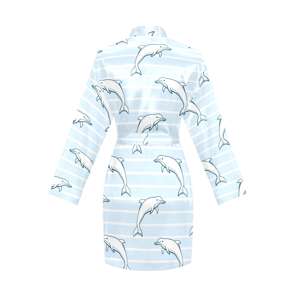 Dolphin blue striped background Women's Long Sleeve Belted Night Robe