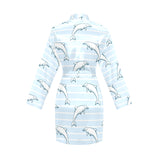 Dolphin blue striped background Women's Long Sleeve Belted Night Robe