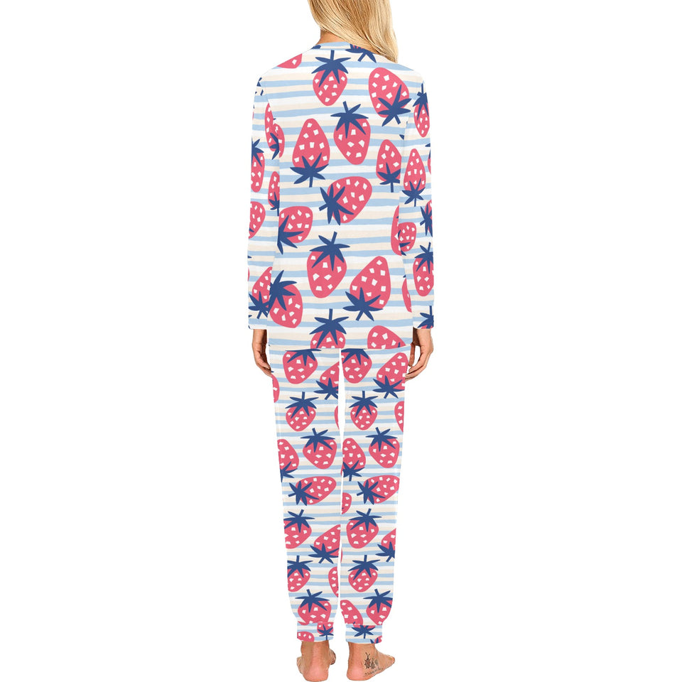 Strawberry pattern blue lines background Women's All Over Print Pajama Set