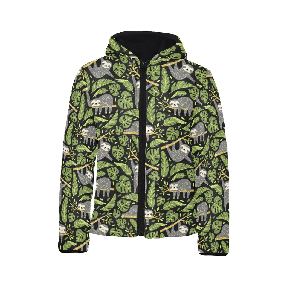 Cute sloths tropical palm leaves black background Kids' Boys' Girls' Padded Hooded Jacket