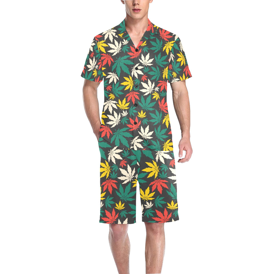 Canabis Marijuana Weed Pattern Print Design 02 Men's V-Neck Short Pajama Set