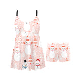 Cute snowman christmas tree snowpink background Chest Sexy Pleated Two Piece Swim Dress