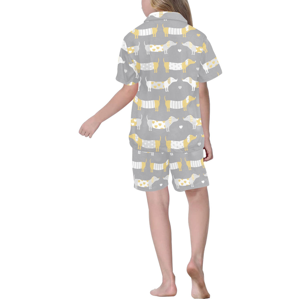 Cute dachshund dog pattern Kids' Boys' Girls' V-Neck Short Pajama Set