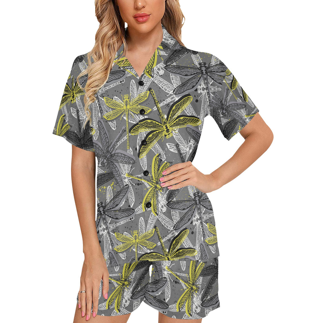 Hand drawn dragonfly pattern Women's V-Neck Short Pajama Set