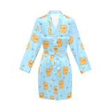 Brown cute pomeranian blue blackground Women's Long Sleeve Belted Night Robe