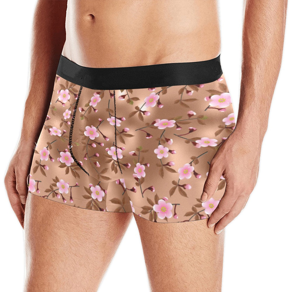 Pink sakura cherry blossom drak brown background Men's All Over Print Boxer Briefs Men's Underwear