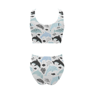 Cute dolphins Childish Style pattern Chest Bowknot High Waisted Bikini Swimsuit