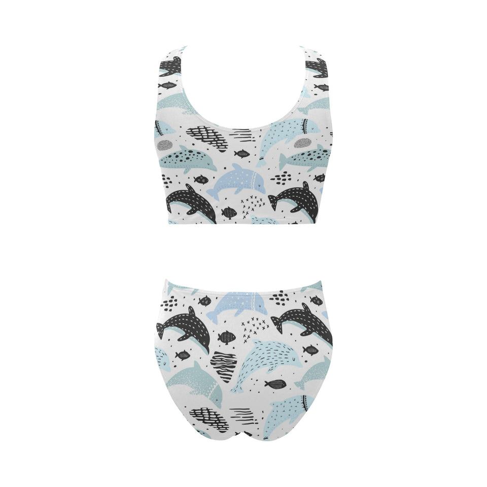 Cute dolphins Childish Style pattern Chest Bowknot High Waisted Bikini Swimsuit
