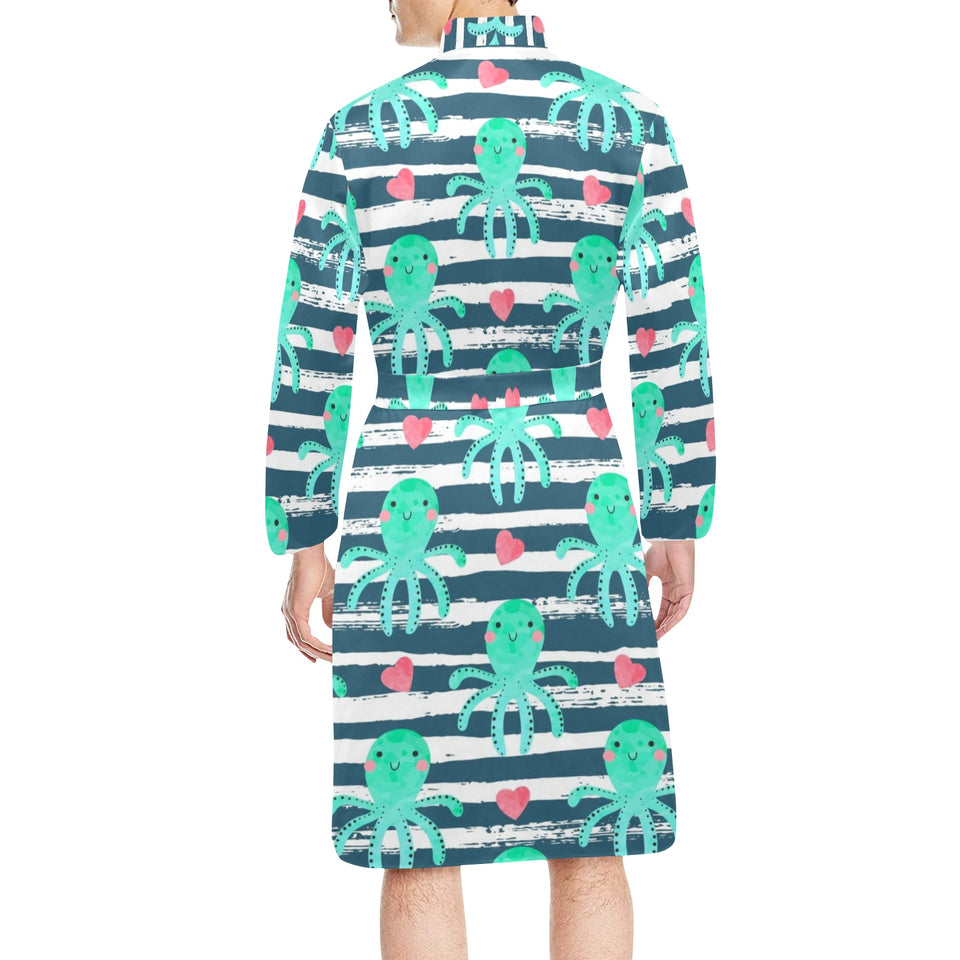 Cute octopuses heart striped background Men's Long Sleeve Belted Night Robe