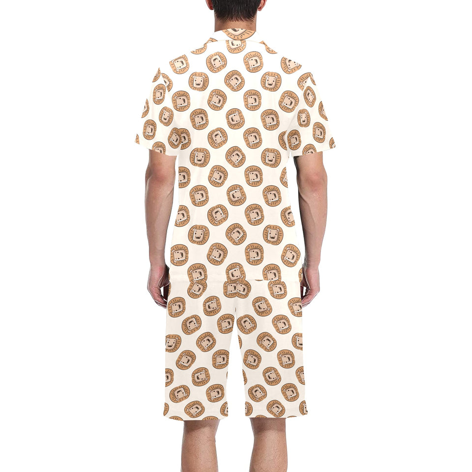 Lion Pattern Print Design 01 Men's V-Neck Short Pajama Set