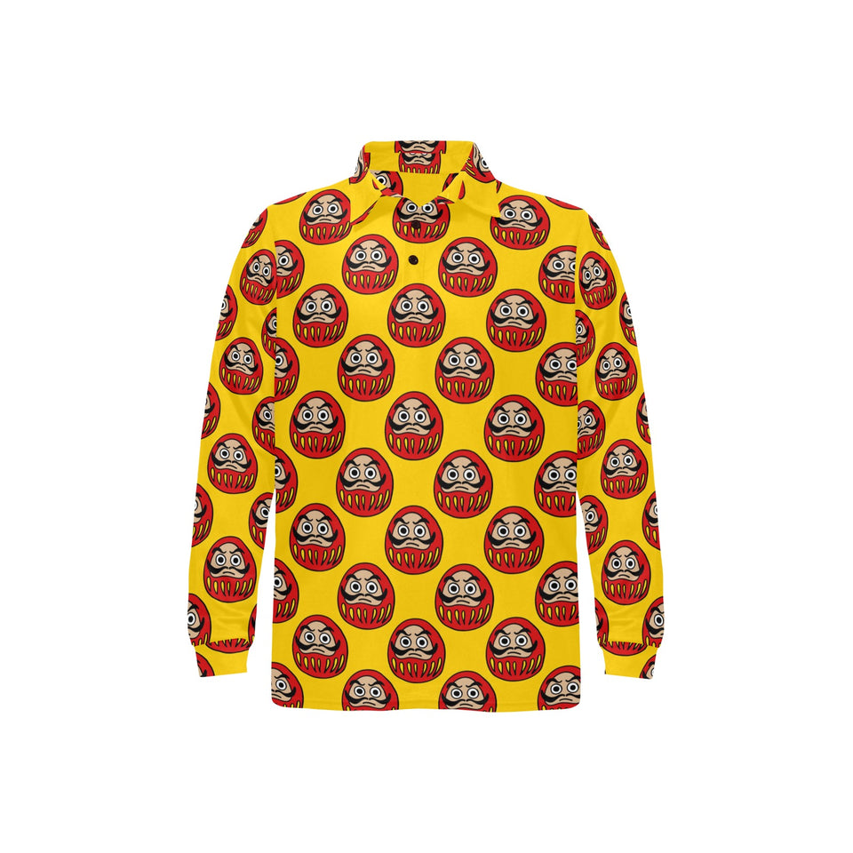 Daruma japanese wooden doll yellow background Men's Long Sleeve Polo Shirt