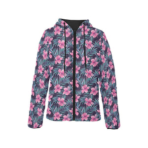 Hibiscus Pattern Print Design 05 Women's Padded Hooded Jacket