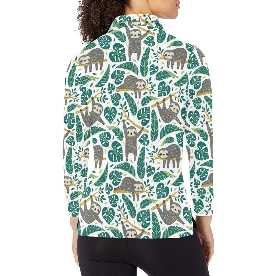 Cute sloths tropical palm leaves white background Women's Long Sleeve Polo Shirt