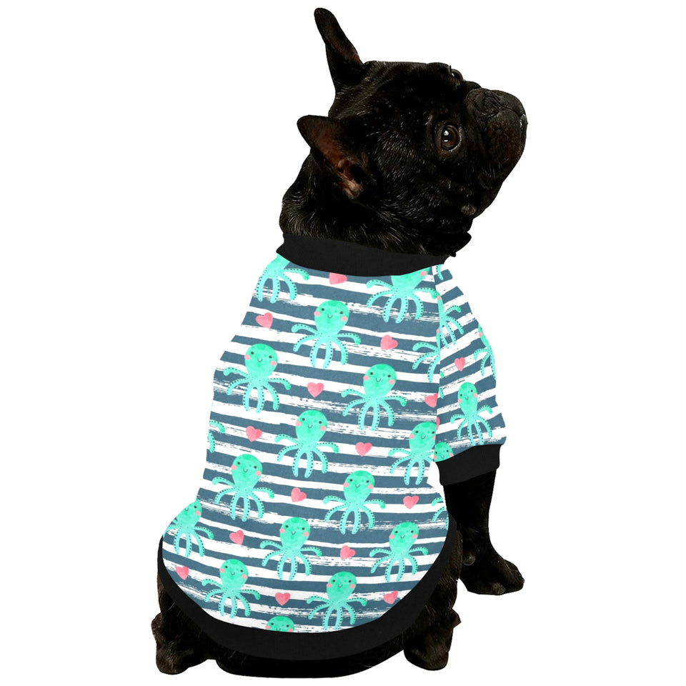 Cute octopuses heart striped background All Over Print Pet Dog Round Neck Fuzzy Shirt