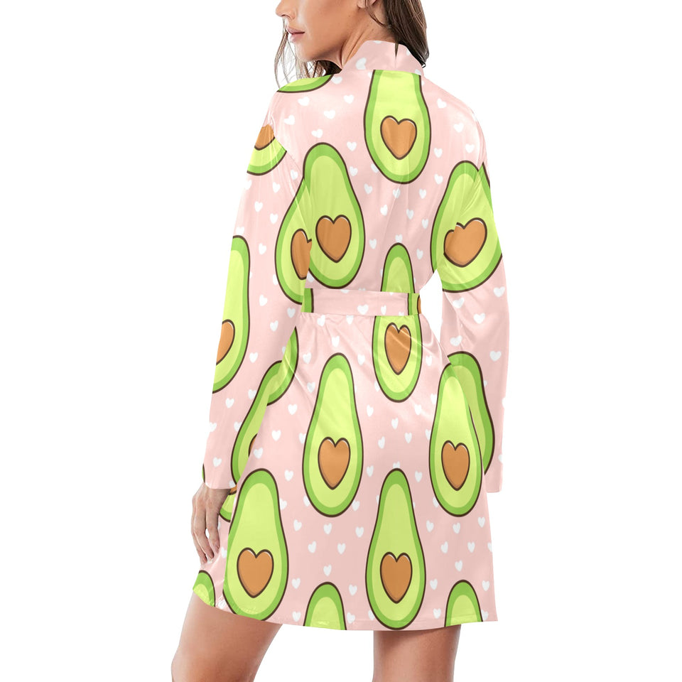 Avocado heart pink background Women's Long Sleeve Belted Night Robe