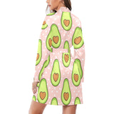 Avocado heart pink background Women's Long Sleeve Belted Night Robe
