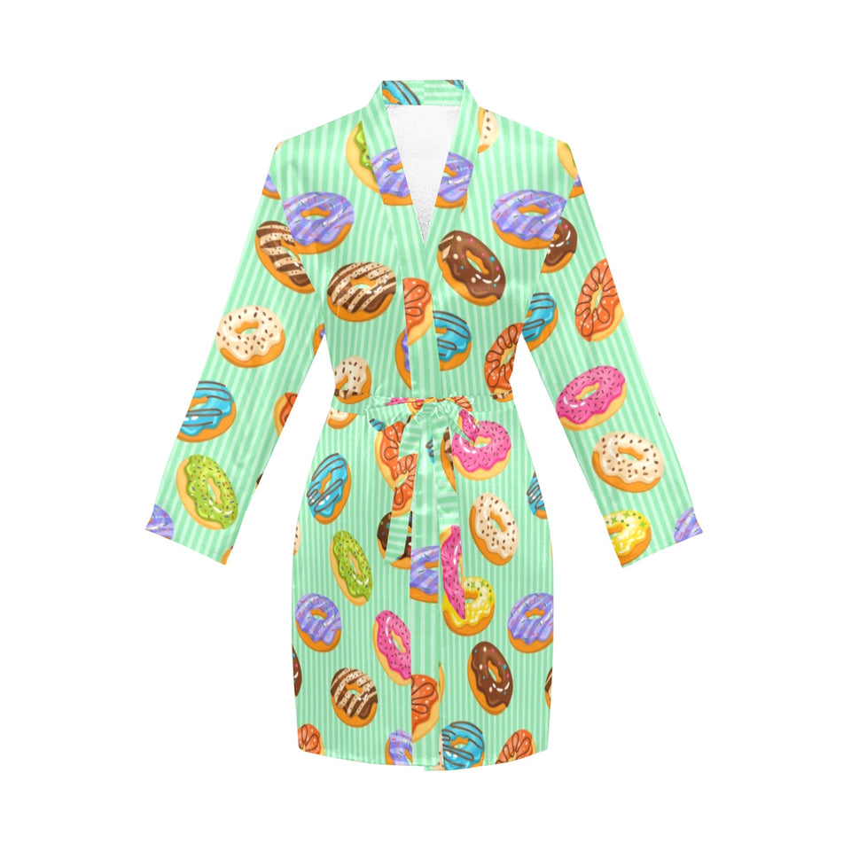 Colorful donut pattern green background Women's Long Sleeve Belted Night Robe