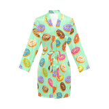 Colorful donut pattern green background Women's Long Sleeve Belted Night Robe