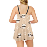 Cute raccoon heart pattern Chest Sexy Pleated Two Piece Swim Dress