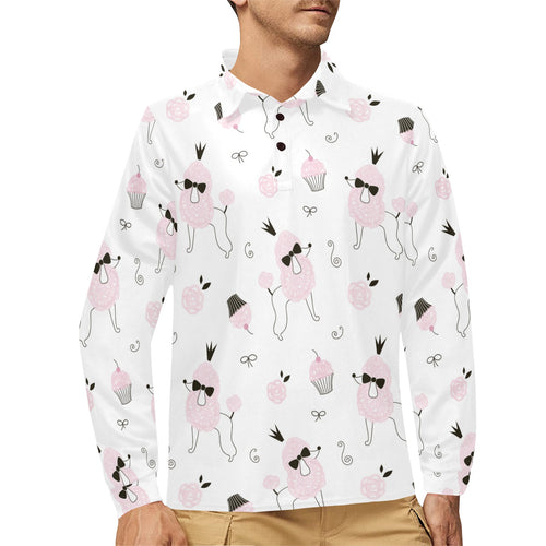 Poodle dog rose cake pattern Men's Long Sleeve Polo Shirt