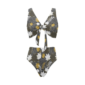 Beautiful gold autumn maple leaf pattern Chest Bowknot High Waisted Bikini Swimsuit