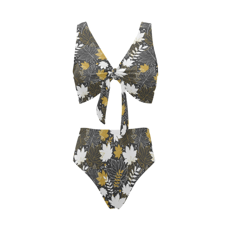 Beautiful gold autumn maple leaf pattern Chest Bowknot High Waisted Bikini Swimsuit