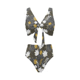 Beautiful gold autumn maple leaf pattern Chest Bowknot High Waisted Bikini Swimsuit