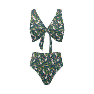 Pelican Pattern Print Design 05 Chest Bowknot High Waisted Bikini Swimsuit