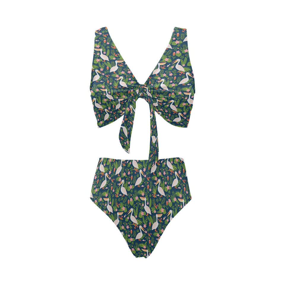 Pelican Pattern Print Design 05 Chest Bowknot High Waisted Bikini Swimsuit