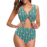 Hand drawn boston terrier dog pattern Chest Bowknot High Waisted Bikini Swimsuit