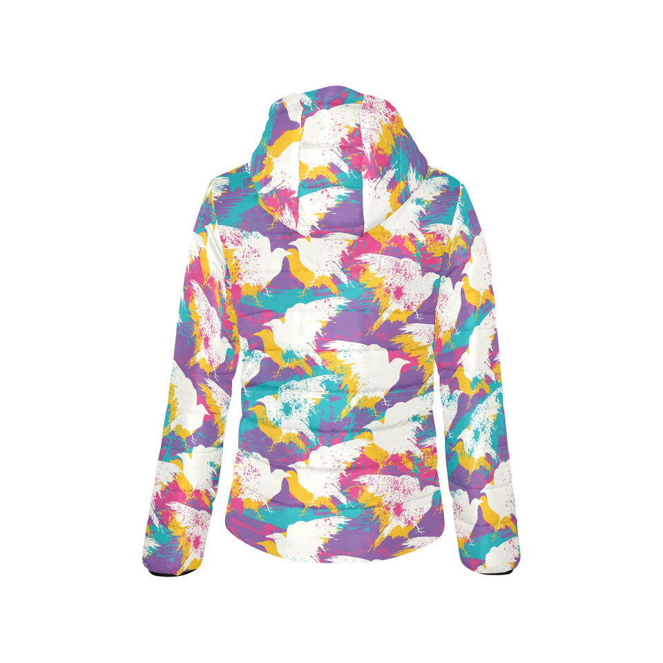 Colorful crow illustration pattern Women's Padded Hooded Jacket