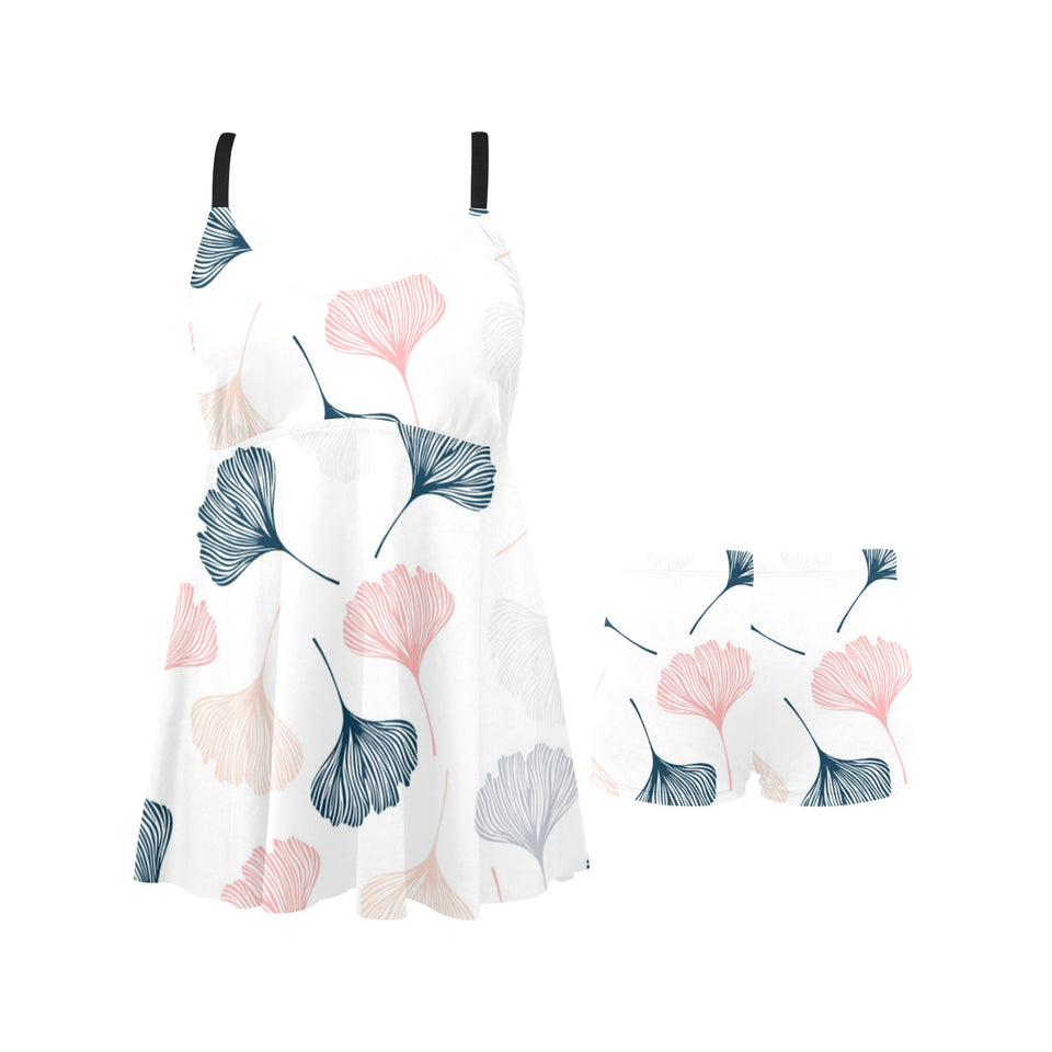 Black Gray Cream coral ginkgo leaves pattern Chest Sexy Pleated Two Piece Swim Dress