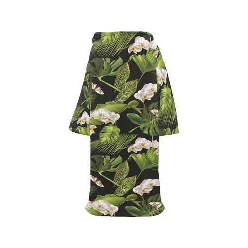 White orchid flower tropical leaves pattern blackg Blanket Robe with Sleeves