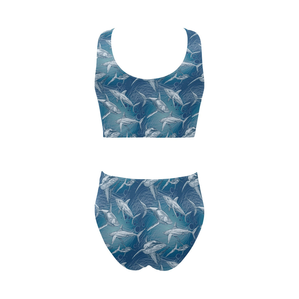 Shark hand drawn Chest Bowknot High Waisted Bikini Swimsuit